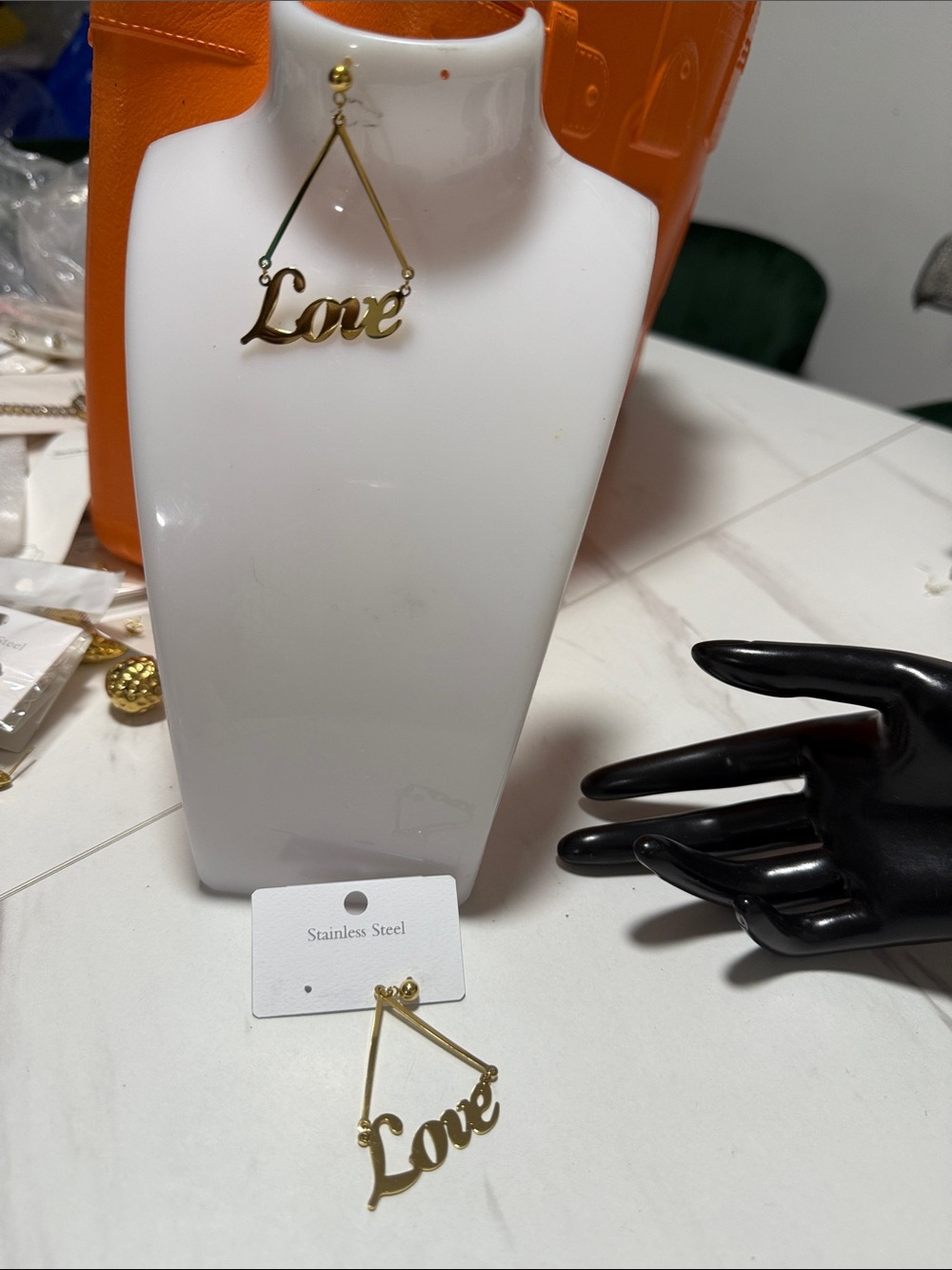 Gold Love Script Drop Earrings - Stainless Steel